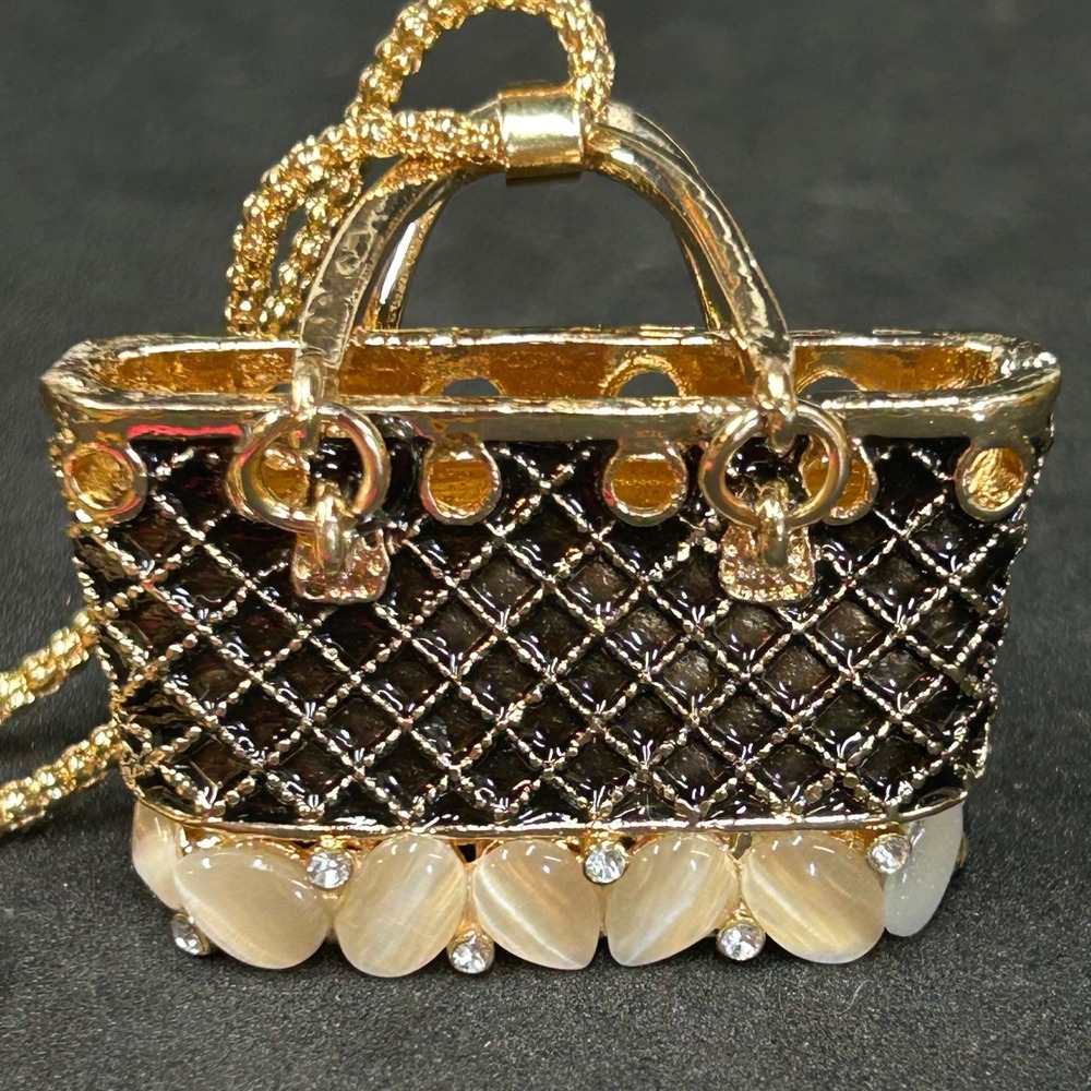 Betsey Johnson Gold Tone Quilted Purse Handbag Pendant Necklace Black Enamel